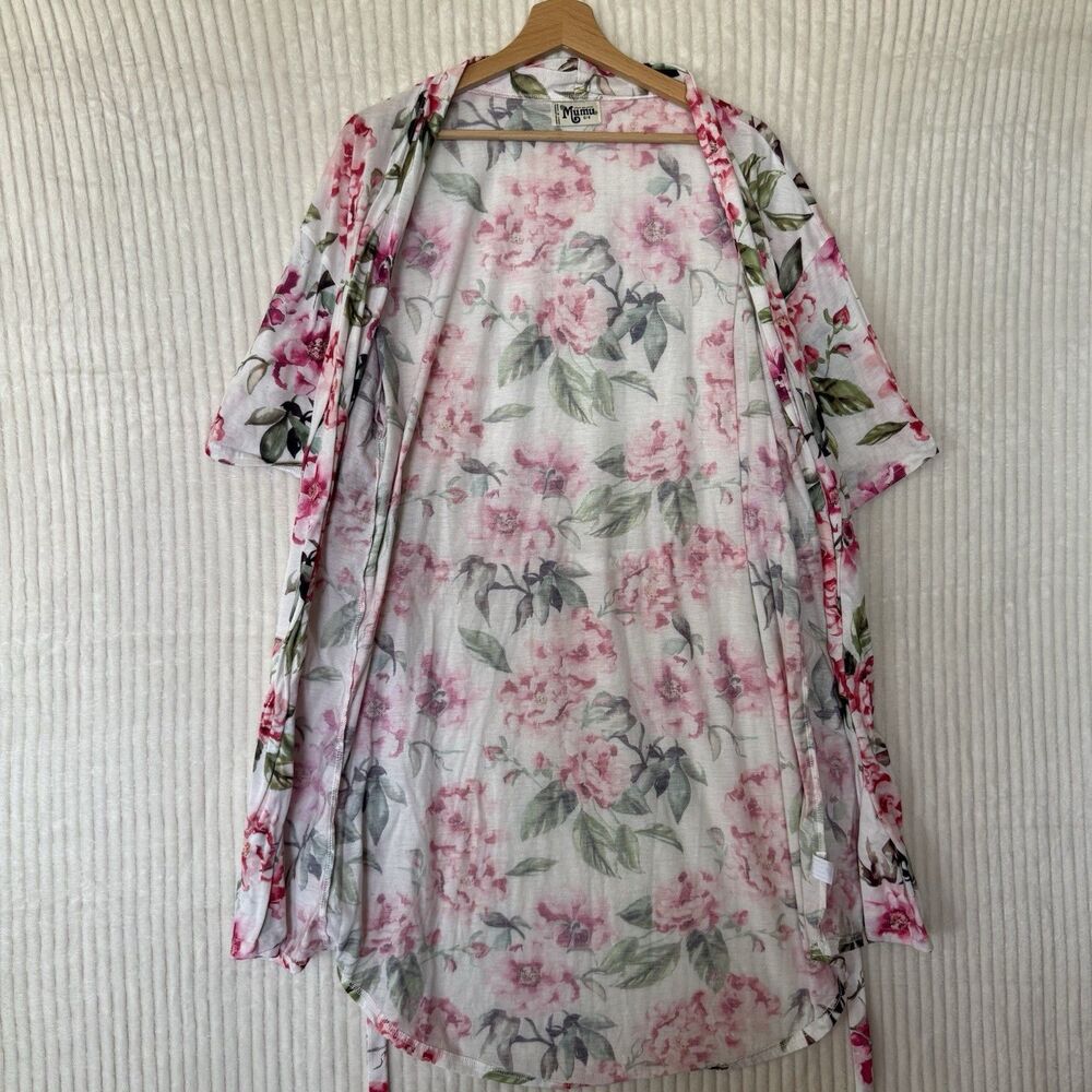 Show Me Your Mumu Robe Kimono Womens OS One Size White Pink Floral Belted Cardi - Picture 7 of 10